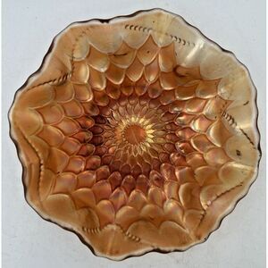 Marigold Peach 7 3/4'' Carnival Glass Iridescent Bowl Ruffled Fish scale & Beads
